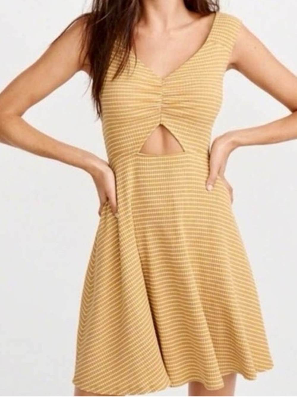 Abercrombie & Fitch Mustard Yellow Striped Mini Dress with Front Cutout